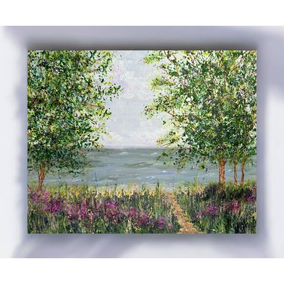 Original 8"x10" Acrylic Coastal Landscape Painting "Trees By The Sea" - Picture 1 of 7
